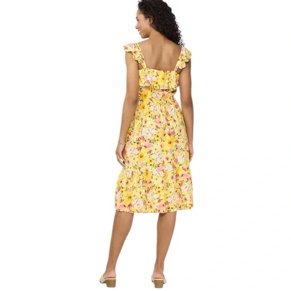 LAUREN CONRAD Midi Dress Ruffles Sleeveless Floral Yellow Pink Green Women L - Picture 3 of 11